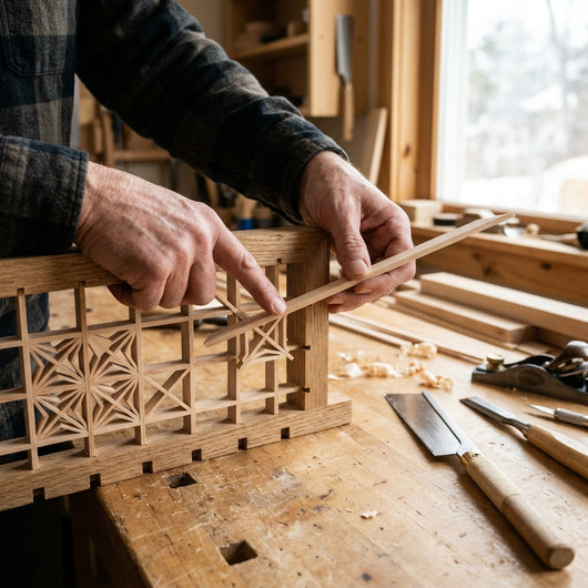 Woodworker hands carefully fitting basswood strips into jig to assemble kumiko lattice pattern