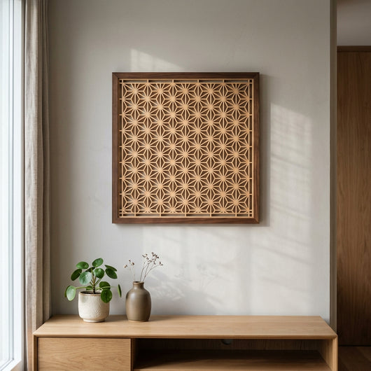 Finished kumiko panel displayed as wall art in modern minimalist living room