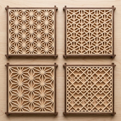 Four different kumiko pattern panels showing asa-no-ha, mitsukude, kawari and goma designs