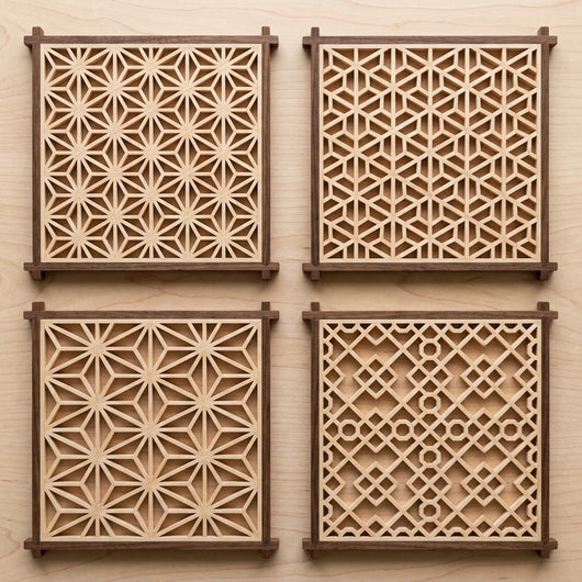 Four different kumiko pattern panels showing asa-no-ha, mitsukude, kawari and goma designs